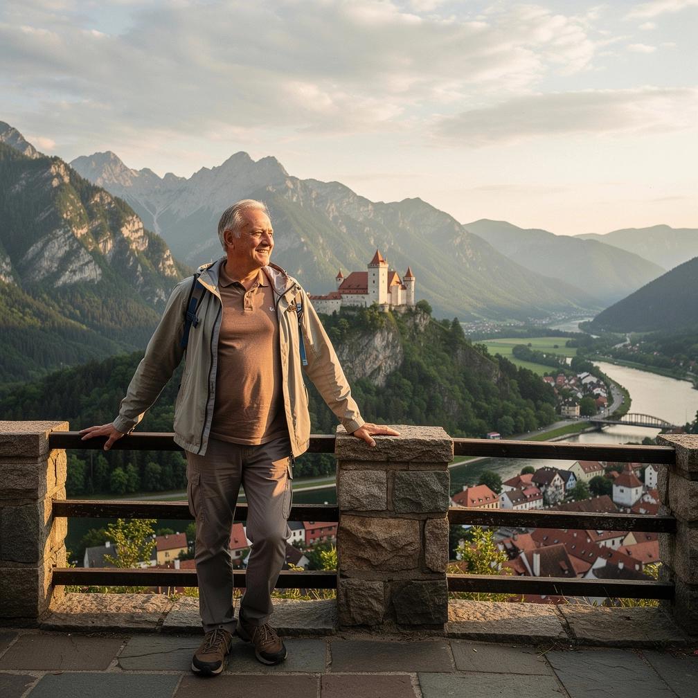 Pohľad z vyhliadkovej veže na malebnú slovenskú krajinu s kopcami a lesmi.